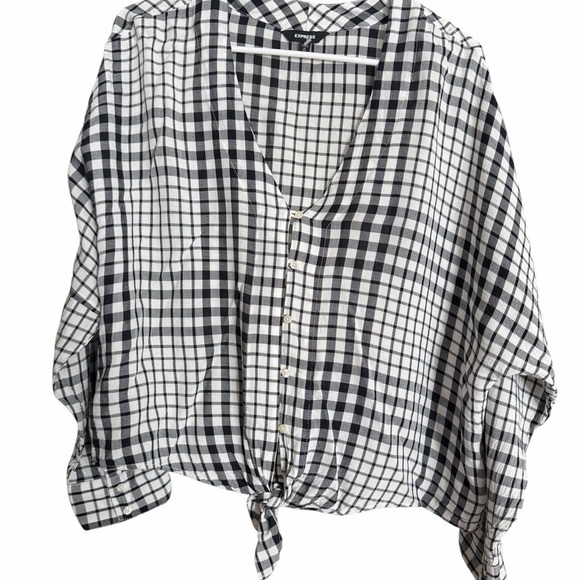 Express Tops - Express Black and White V-Neck Plaid Button Down Shirt